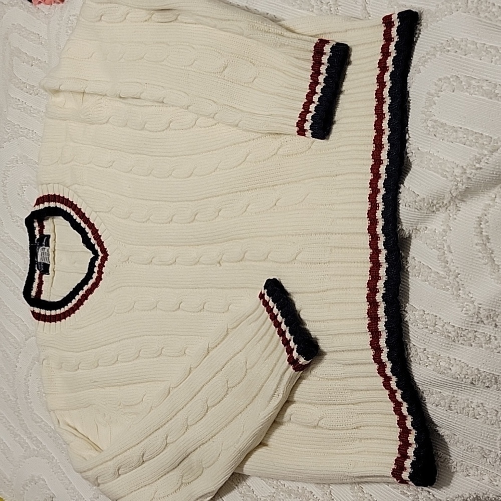 Wilson Cream Cable Knit Sweater with Red and Navy Accents (Medium)